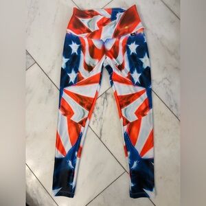 Tono A Tono Women’s Medium American Flag Crop Leggings Wide Waistband gym yoga